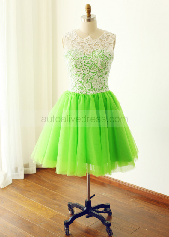 Ivory Lace Apple Green Tulle Knee Length Bridesmaid Dress